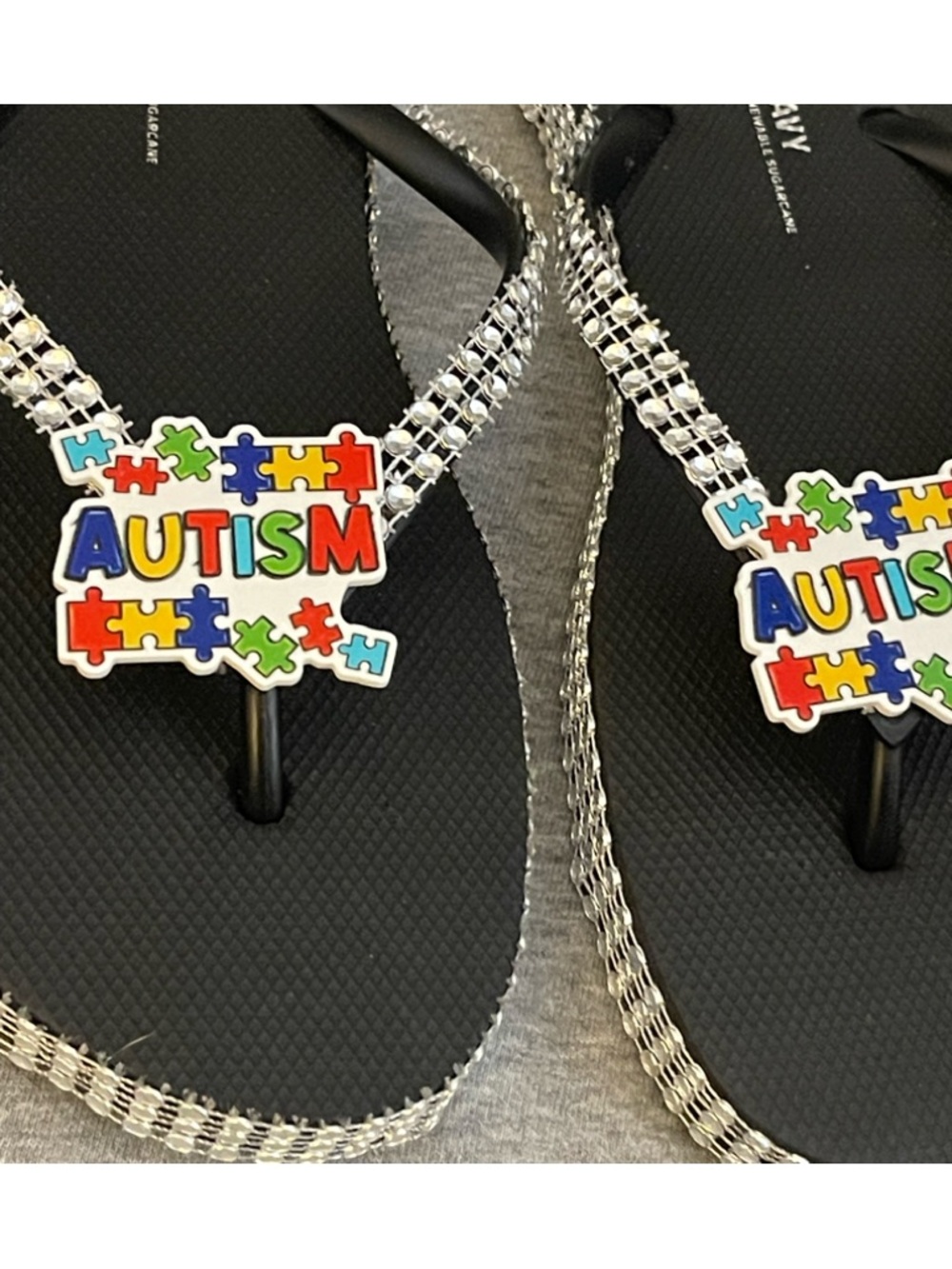 Autism Puzzle Charm Black Flip Flops with Sparkle Straps